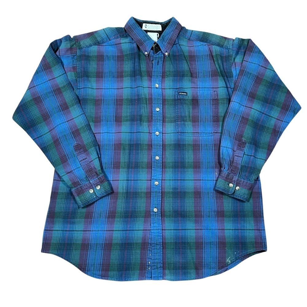 VTG 90s Columbia Blue Plaid Flannel Button Down Shirt Men's L Oversized Grunge‎